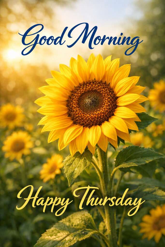 Happy Thursday good morning image with bright sunflower in golden sunlight field and cheerful greeting text for a positive day