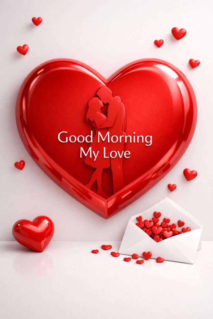 Romantic good morning my love image with red heart, couple silhouette and love message