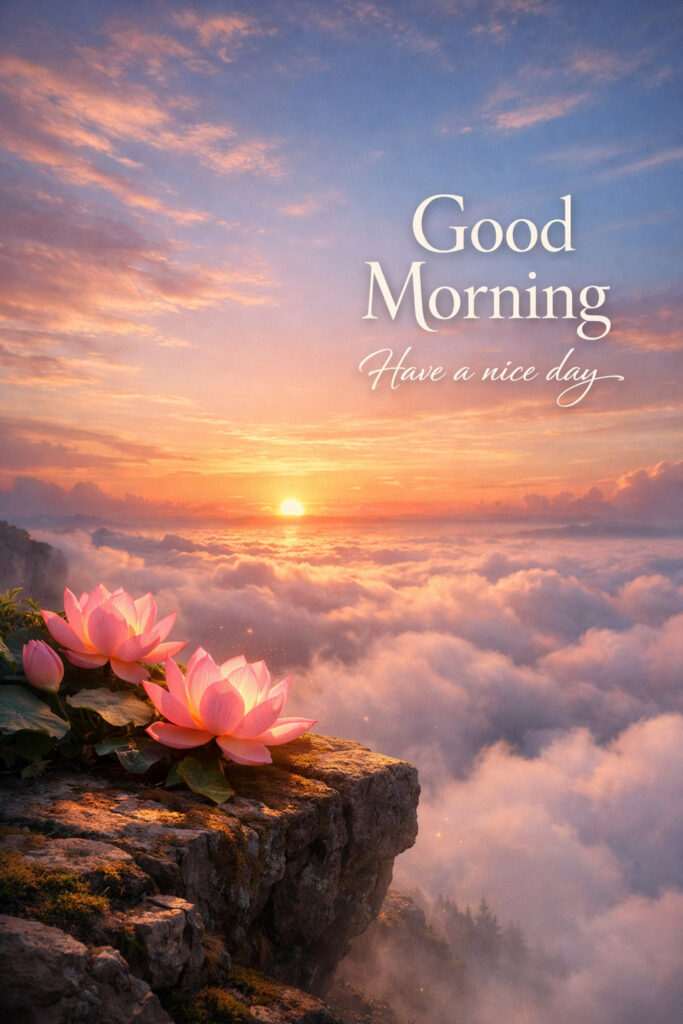 Good morning sunrise image with glowing lotus flowers on a cliff above clouds and inspiring “Have a nice day” message