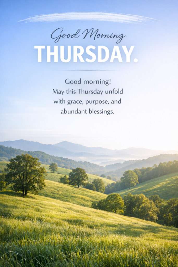 Happy Thursday good morning image with scenic green hills landscape and inspirational quote for a peaceful and refreshing start to the day