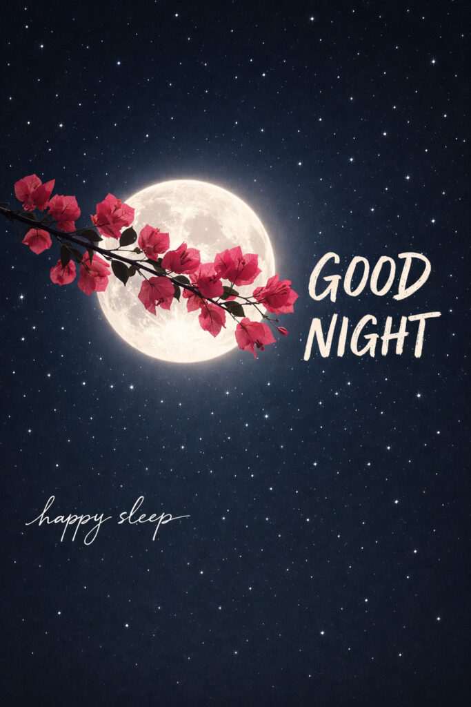 Good night image with glowing full moon, starry night sky, pink bougainvillea flowers, and calming “Good Night” text with happy sleep message