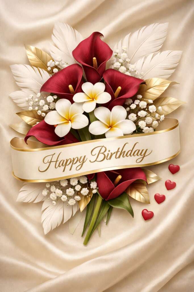 Romantic red and white flowers bouquet with golden ribbon saying Happy Birthday on soft satin background, elegant love good morning image style