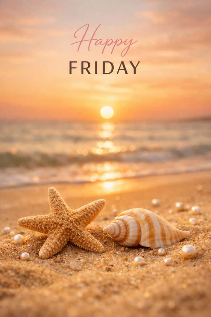 Happy Friday beach sunrise image with starfish and seashell on sandy shore with golden sunlight and ocean waves