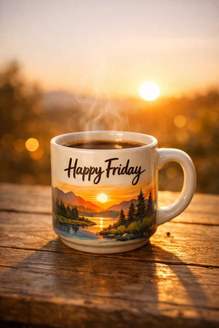 Happy Friday coffee mug with sunrise mountain landscape design on a wooden table with warm morning sunlight