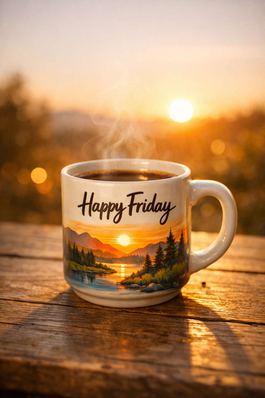 Happy Friday coffee mug with sunrise mountain landscape design on a wooden table with warm morning sunlight