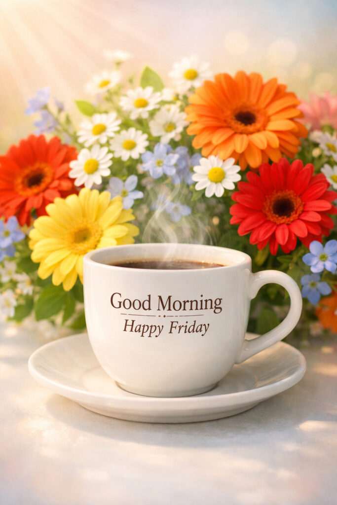 Good morning happy Friday image with a steaming coffee cup on a table surrounded by colorful flowers in soft sunlight background