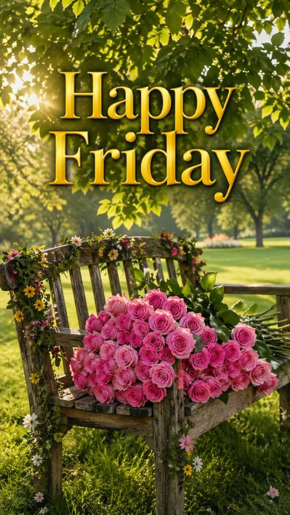 Good morning happy Friday image with lakeside bench and bicycle under tree with mountains and calm water background