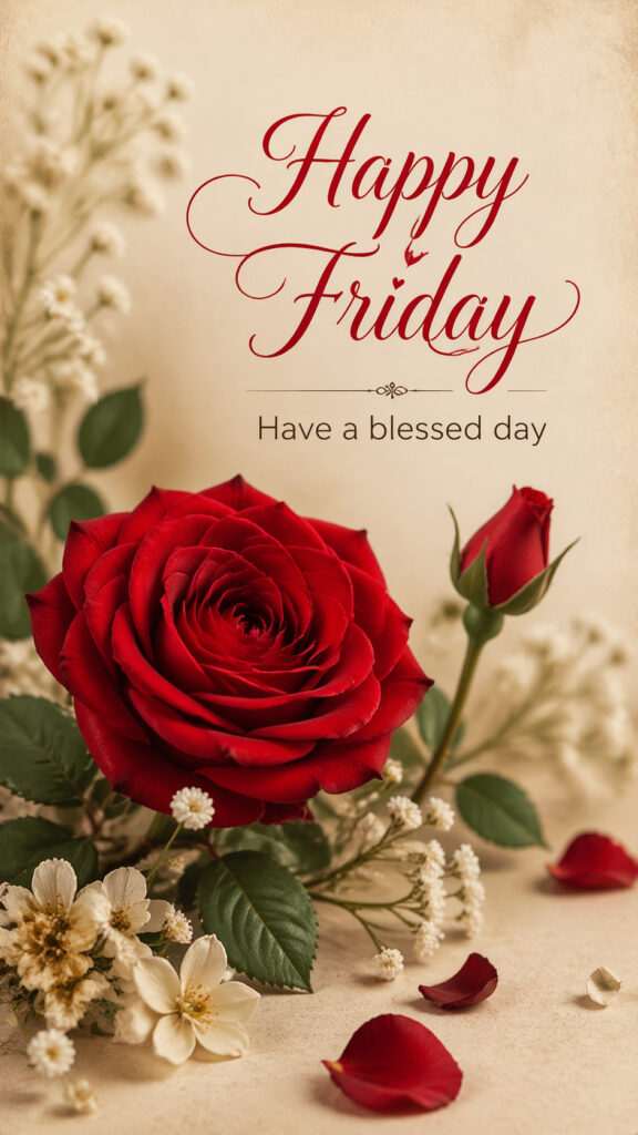 Happy Friday image with red rose bouquet and elegant text have a blessed day on a soft beige background