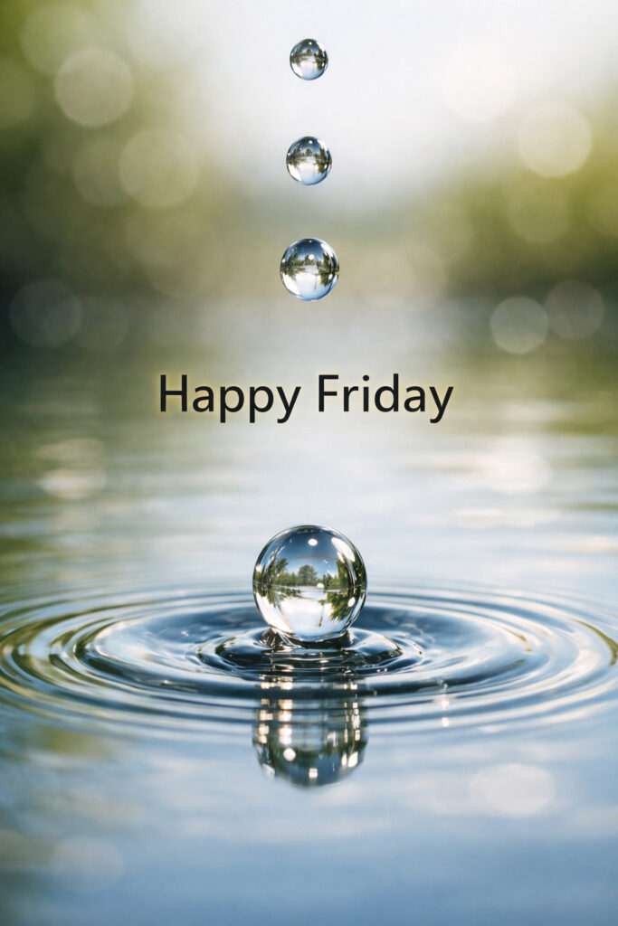 Happy Friday water drop ripple image with falling droplets creating calm reflection in nature background