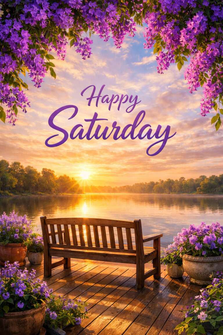Happy Saturday sunrise lakeside scene with wooden bench, purple flowers, and golden morning light reflecting on calm water