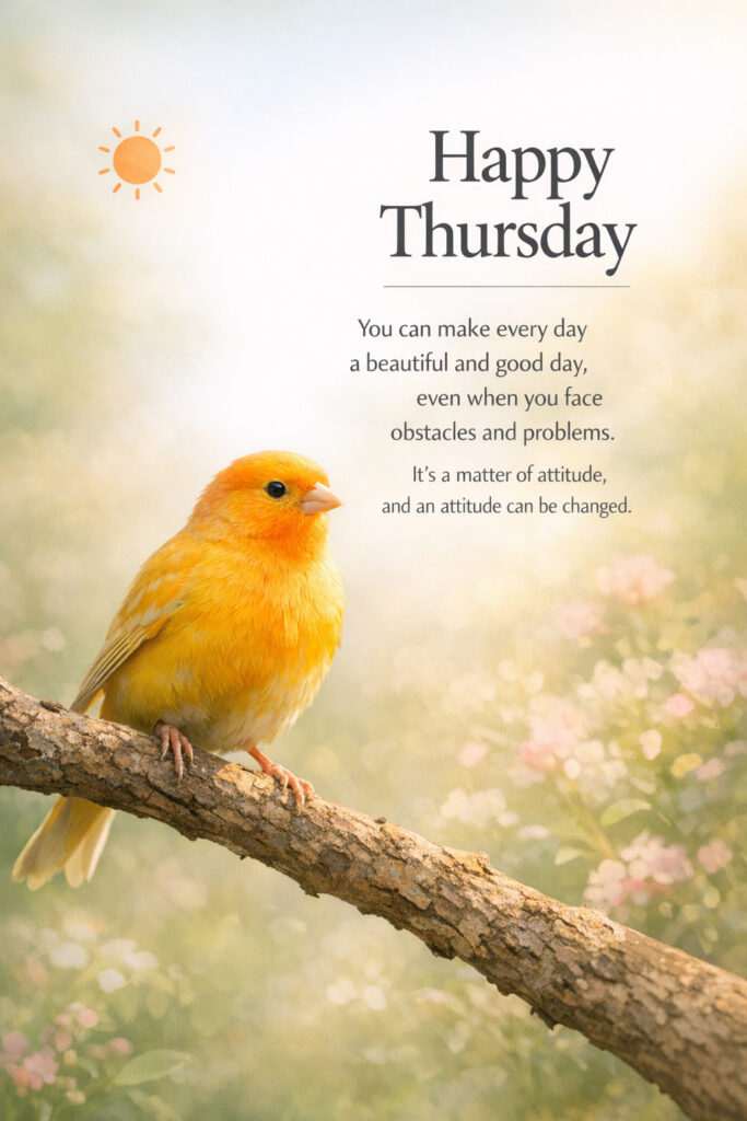 Happy Thursday good morning image with cute yellow bird on a branch and motivational quote for a positive and inspiring day
