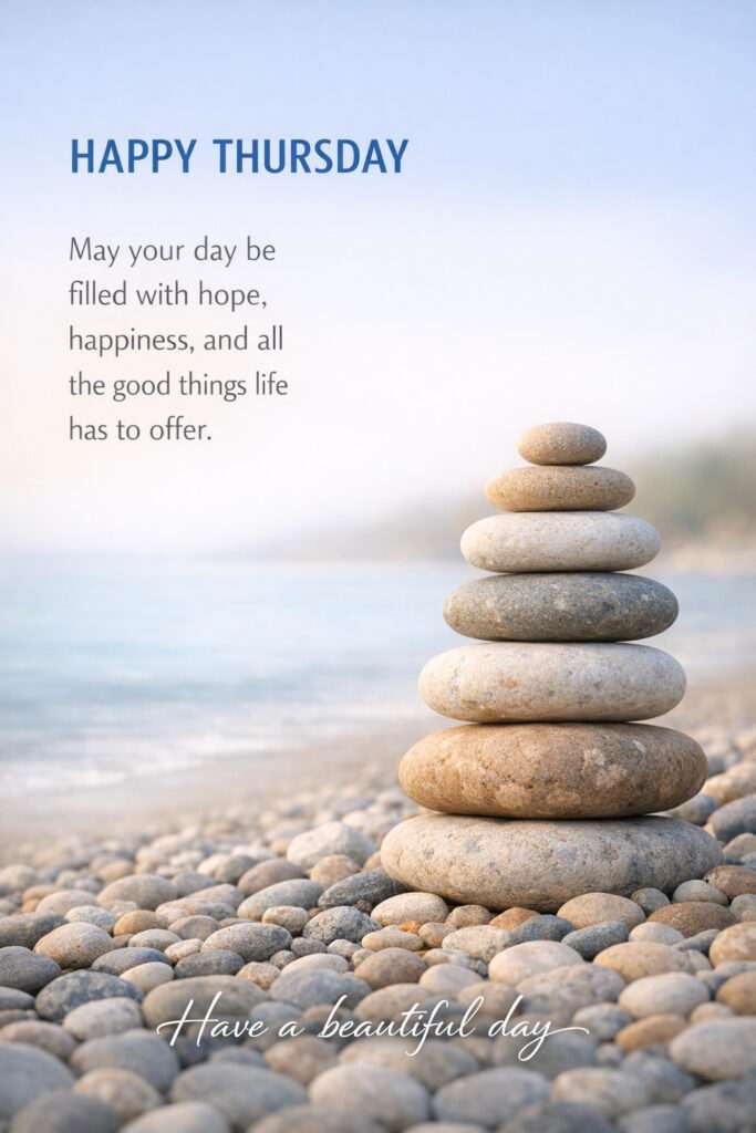 Happy Thursday good morning image with stacked pebbles on a peaceful beach and inspirational quote for a calm and beautiful day