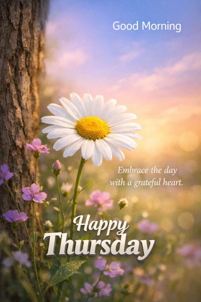 Happy Thursday good morning image with white daisy flower in sunrise light and inspirational quote for a peaceful and positive day