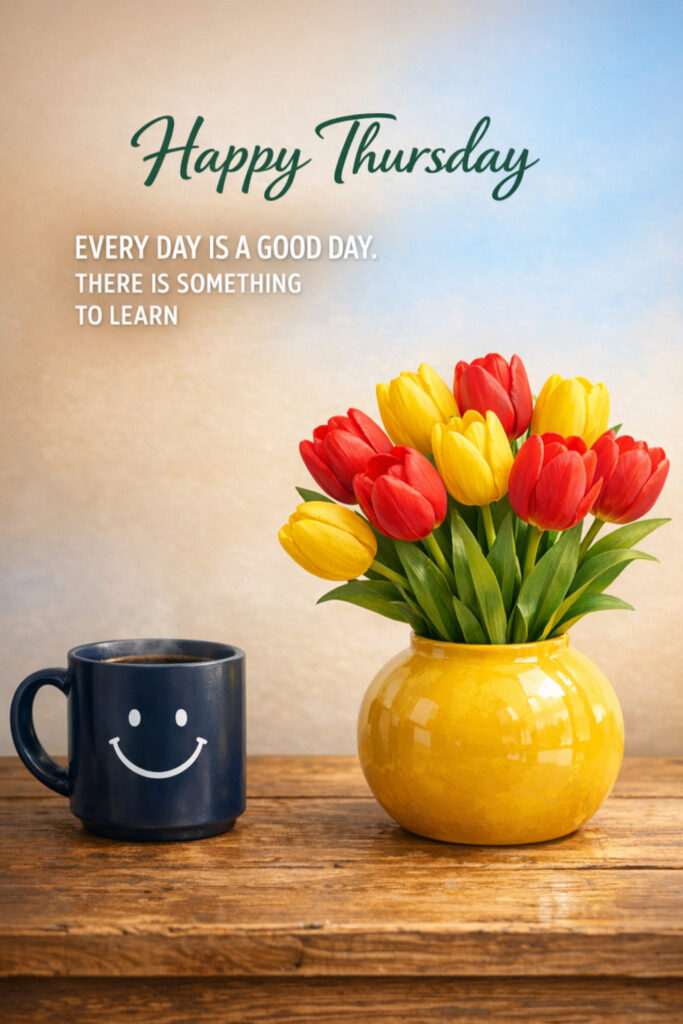 Happy Thursday good morning image with colorful tulips in yellow vase and coffee mug with smiley face and motivational quote for a positive day