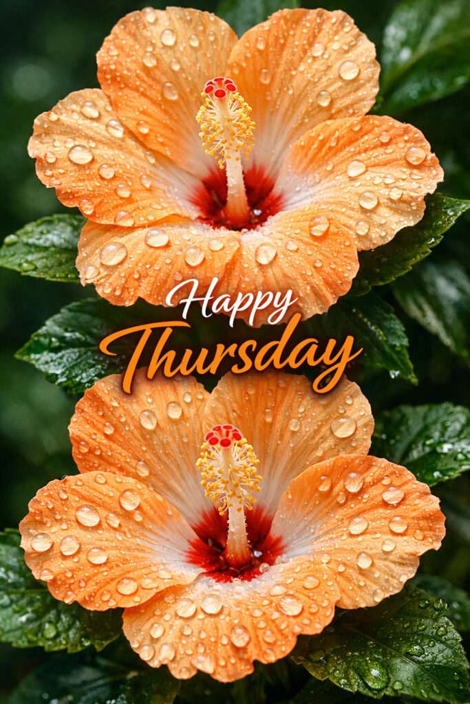 Happy Thursday good morning image with orange hibiscus flowers covered in water droplets and fresh green leaves for a bright and refreshing start to the day