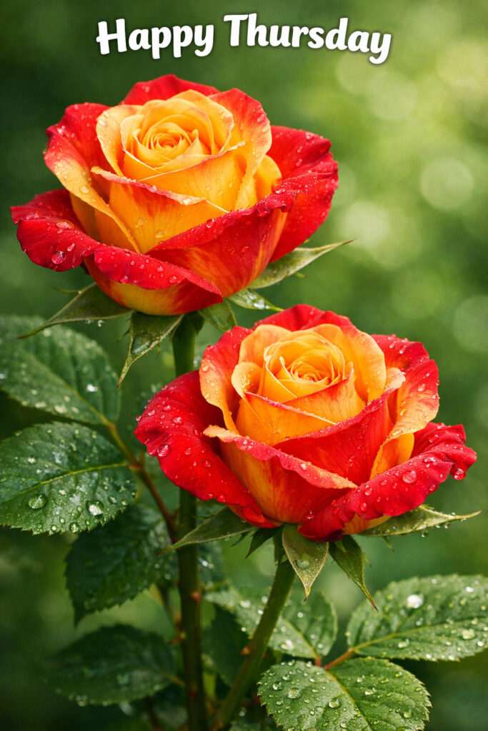 Happy Thursday good morning image with red and yellow roses covered in water droplets and fresh green leaves for a beautiful and positive start to the day