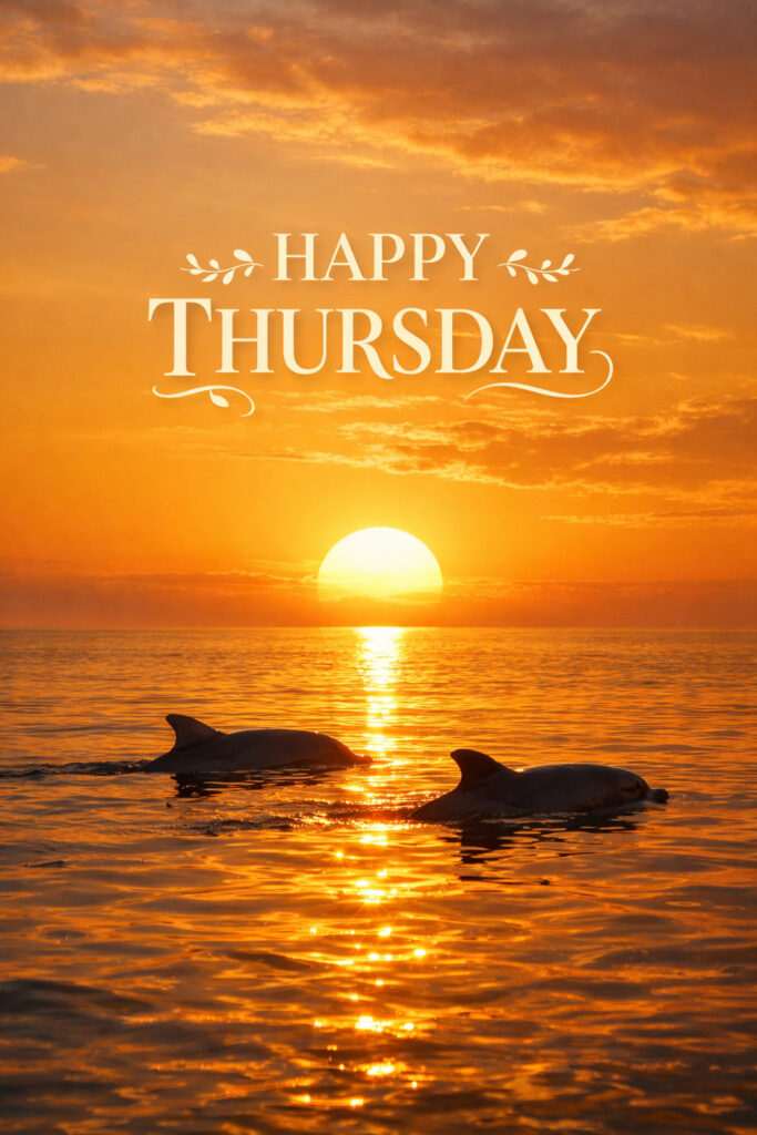 Happy Thursday good morning image with dolphins swimming in ocean at sunrise and golden sky for a peaceful and inspiring start to the day