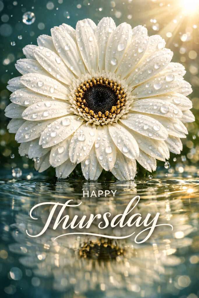Happy Thursday good morning image with white daisy flower covered in water droplets and soft sunlight reflection for a fresh and peaceful start to the day