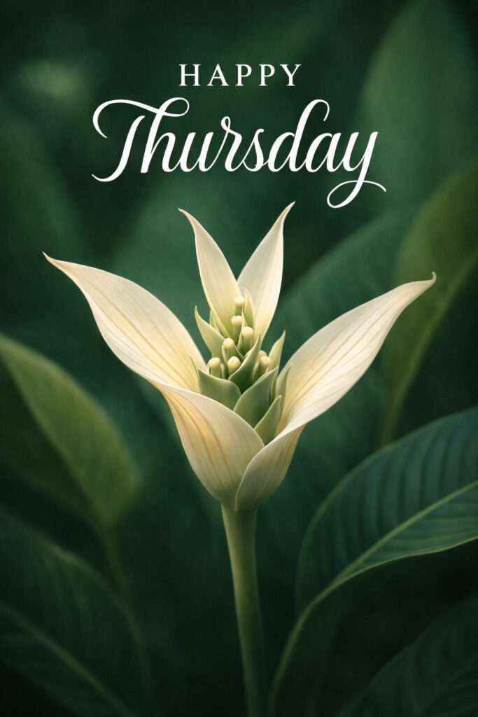 Happy Thursday good morning image with elegant white flower on green background and stylish greeting text for a calm and fresh start to the day