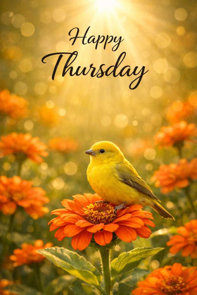 Happy Thursday good morning image with cute yellow bird sitting on orange flower in golden sunlight for a bright and cheerful start to the day