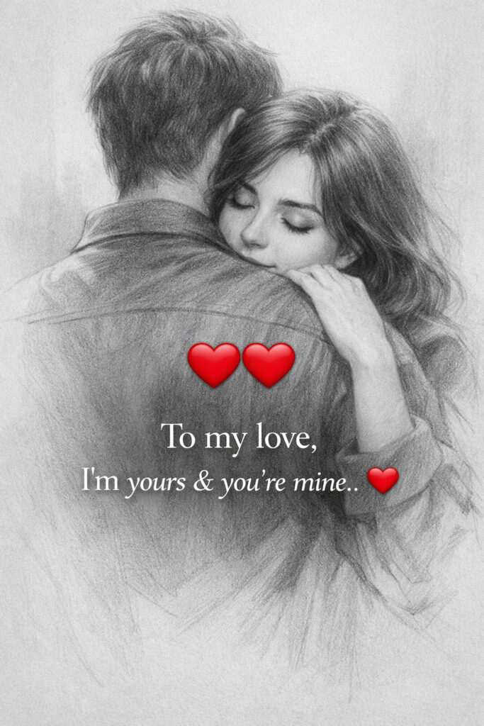 Romantic pencil sketch of a couple hugging with love quote “To my love, I’m yours & you’re mine” and red hearts – good morning love image