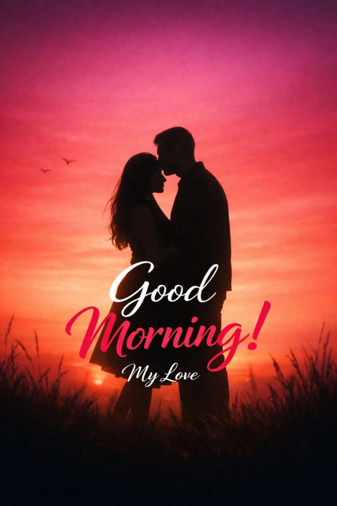 Romantic sunrise silhouette of a couple kissing with “Good Morning My Love” text – romantic good morning love image