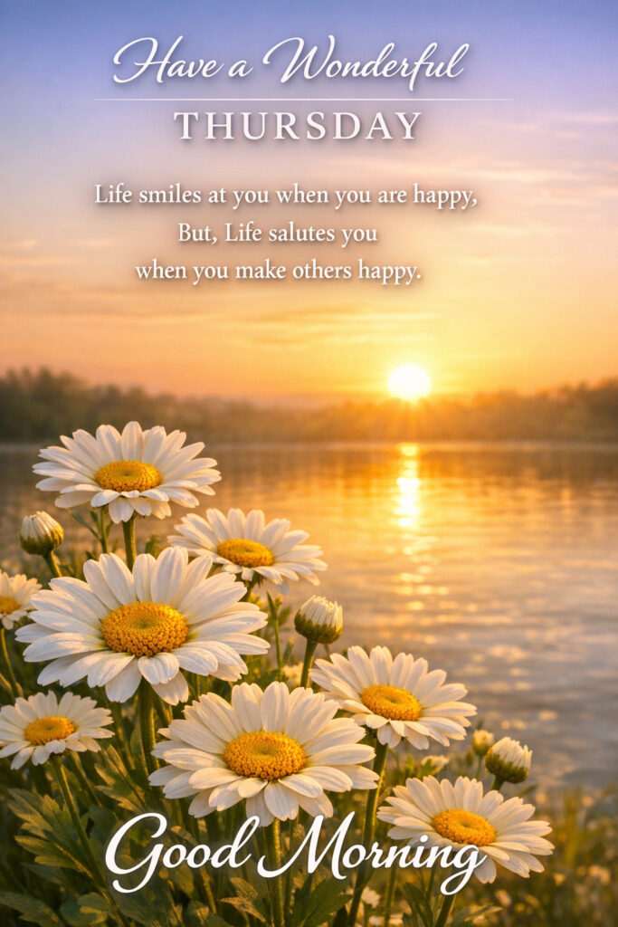 Happy Thursday good morning image with white daisy flowers by lake sunrise and motivational quote for a peaceful and positive start to the day
