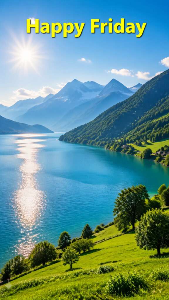 Happy Friday image with scenic lake, green mountains, and bright sunlight reflection on water under blue sky