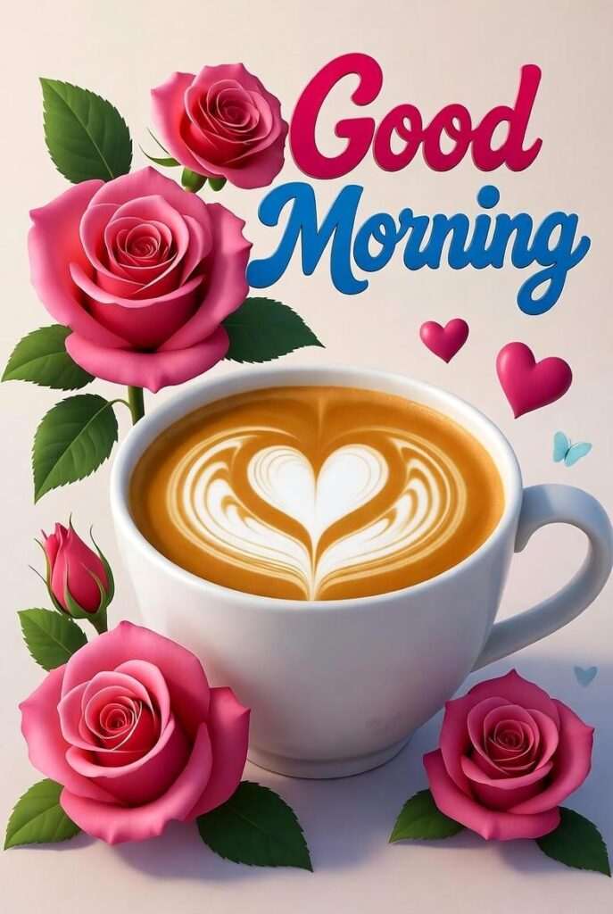 Good Morning coffee cup with heart latte art surrounded by pink roses and love-themed decorations. ☕🌹💕
