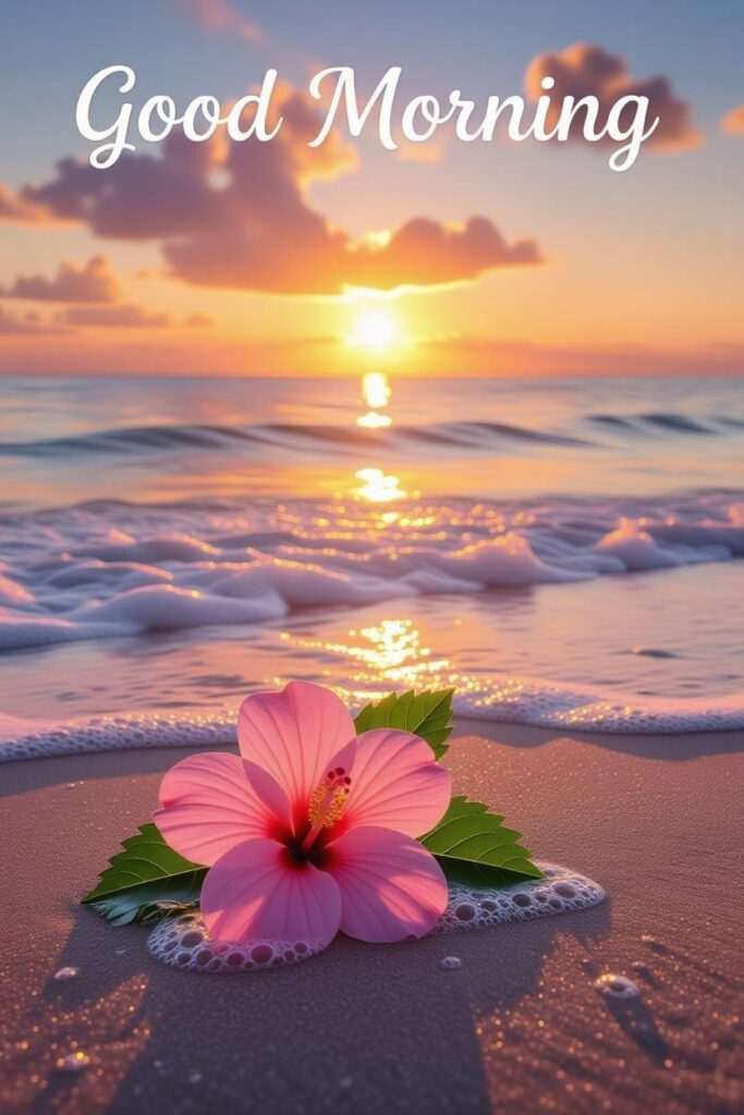 Pink hibiscus flower on a sandy beach at sunrise with gentle ocean waves and a peaceful Good Morning message. 🌺🌅✨