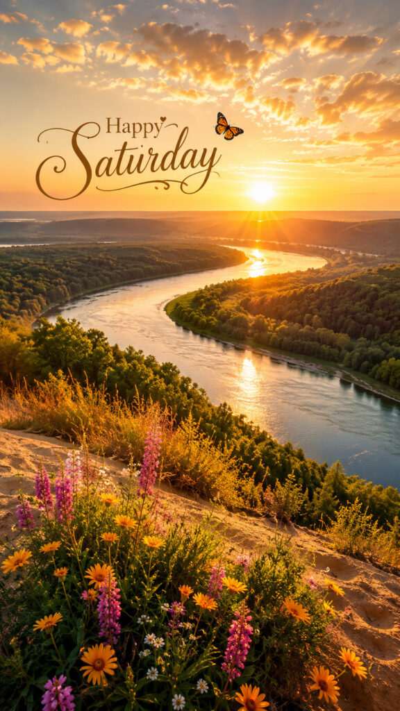 “Golden sunrise over a winding river flowing through lush green forest valleys, viewed from a sandy hill covered with colorful wildflowers. Warm sunlight reflects on the water beneath glowing clouds, with elegant ‘Happy Saturday’ typography and a small butterfly in the sky, creating a peaceful and inspirational morning scene.”