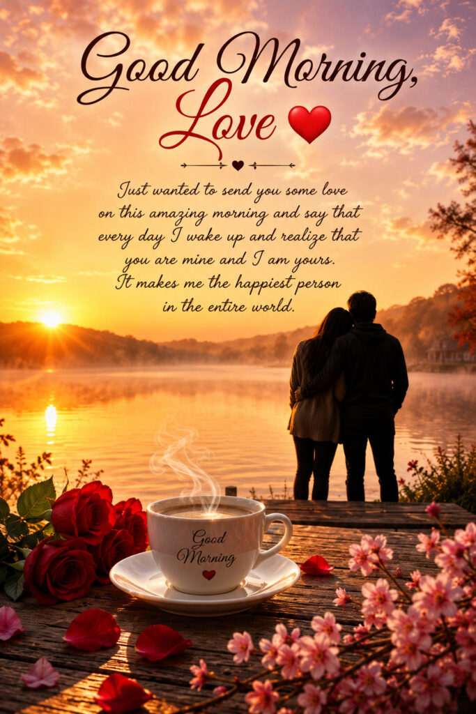 Red heart plush with “Love You” on a wooden table by a golden sunrise lake with a romantic good morning message.