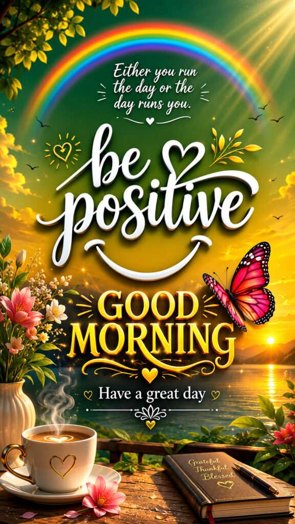 Good Morning motivational card with rainbow, butterfly, “Be Positive” 3D text, and inspiring quote.