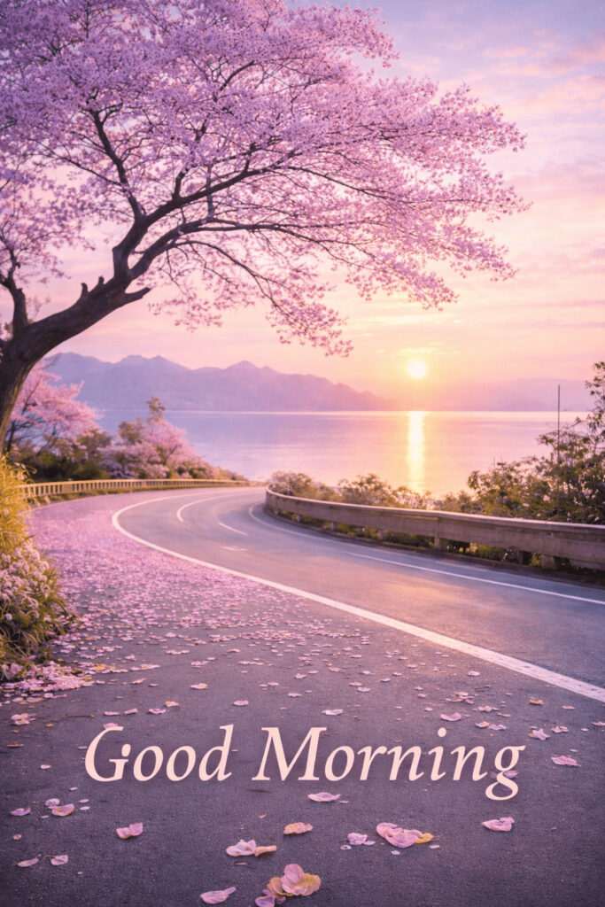 Good Morning greeting with a scenic winding road lined by pink cherry blossom trees, soft petals scattered on the pavement, and a peaceful lakeside sunrise casting warm reflections across the water and distant mountains.