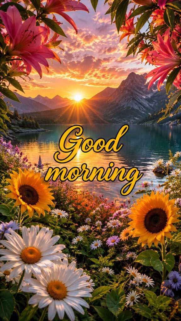 Good morning floral sunrise landscape featuring white daisies, bright yellow sunflowers, pink lilies, a peaceful mountain lake, golden sun rays, colorful wildflowers, and a vibrant pastel sky with bold "Good Morning" text in the center.