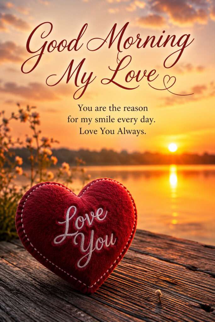Red heart with “Love You” beside a golden sunrise lake and romantic good morning message. 
