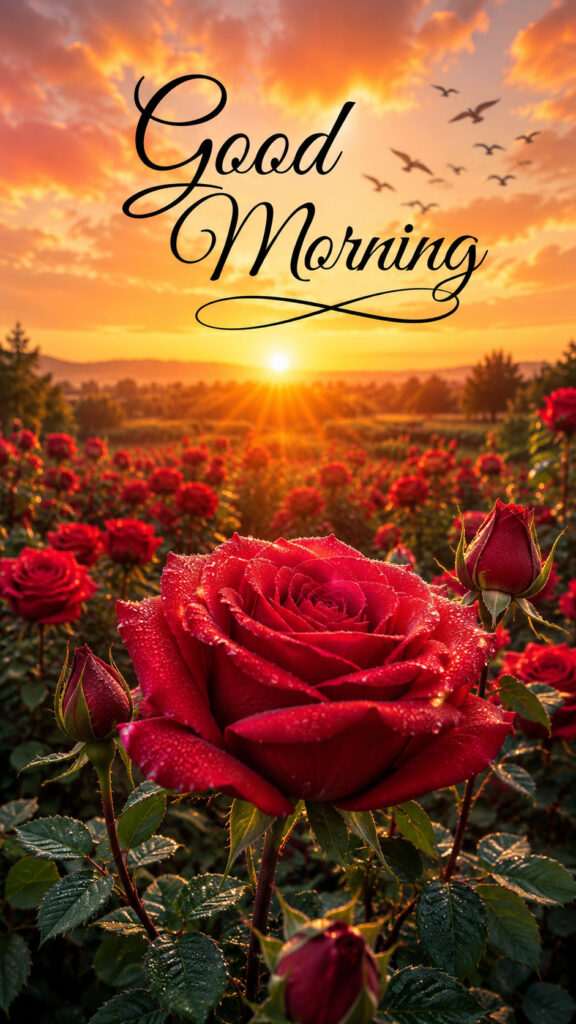 Good Morning red rose in a blooming rose garden at sunrise with golden sunlight, morning dew, and birds flying in the colorful sky.