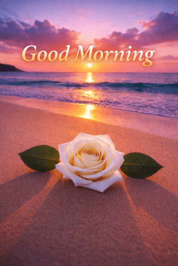 Good Morning greeting with a beautiful white rose resting on a sandy beach at sunrise, golden sunlight reflecting on ocean waves, and a colorful pink and orange sky creating a peaceful and romantic atmosphere.