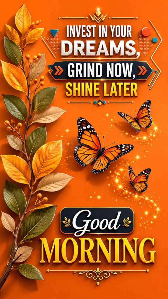 Good Morning motivational poster with butterflies, golden leaves, and inspirational quote on an orange background.