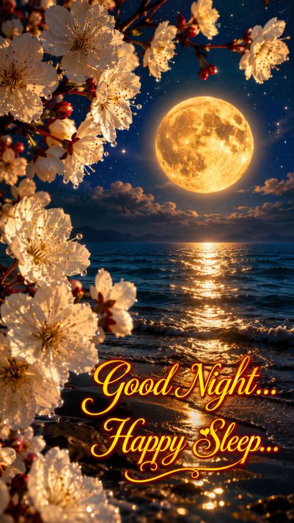 Good Night moonlit ocean with white cherry blossoms and golden full moon.