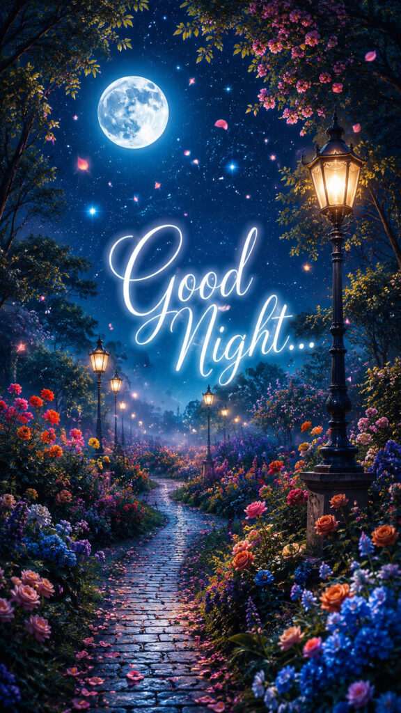Good Night greeting with a magical moonlit garden pathway lined by glowing vintage street lamps, colorful blooming flowers, drifting petals, and a bright full moon shining in a starry night sky. Elegant white calligraphy text reads “Good Night...” creating a peaceful and romantic atmosphere.