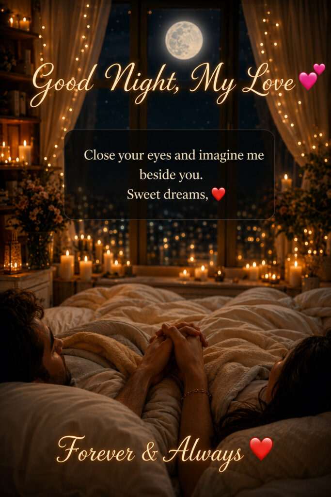 Romantic Good Night My Love greeting card featuring a couple holding hands in a cozy candlelit bedroom, warm golden fairy lights, glowing full moon through elegant curtains, soft cream bedding, and heartfelt sweet dreams message in a dreamy, photorealistic nighttime setting.
