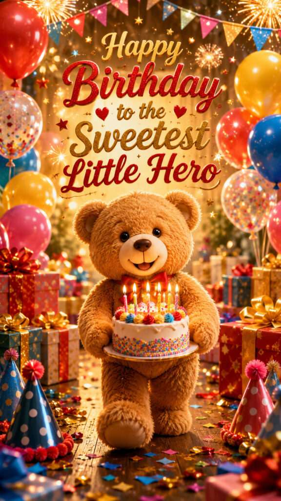 Adorable teddy bear holding a birthday cake with lit candles, surrounded by colorful balloons, gift boxes, confetti, and festive decorations beneath a "Happy Birthday to the Sweetest Little Hero" message.