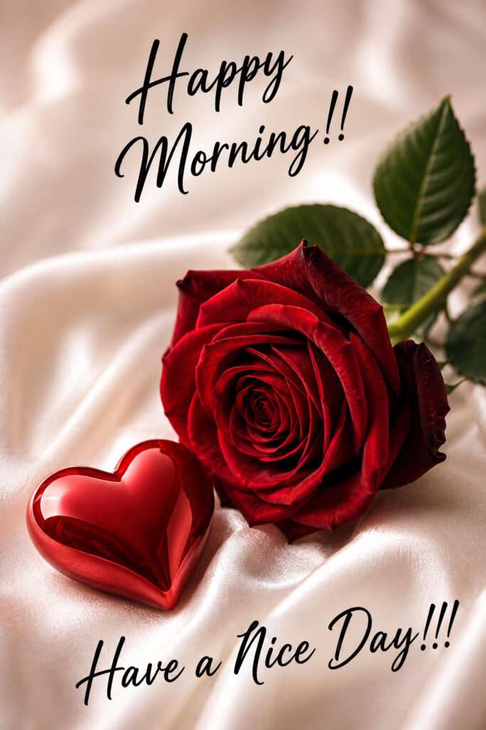 Red rose and heart on satin with Happy Morning greeting.