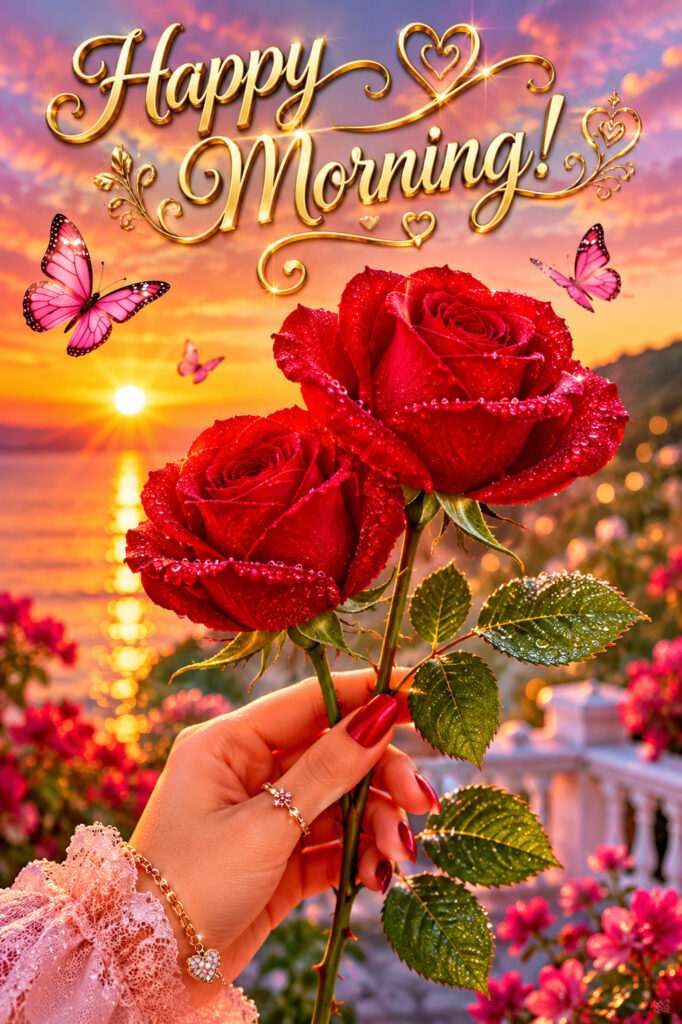 Hand holding two red roses at sunrise with butterflies and Happy Morning message.