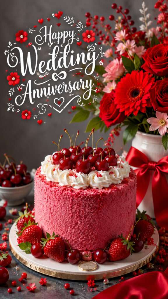 Pink wedding anniversary cake with cherries, strawberries, red roses, and elegant anniversary greeting.